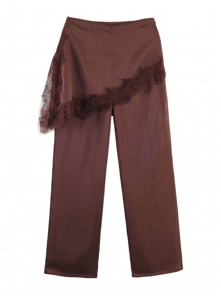 Lace Trim Satin Wide Leg Pants