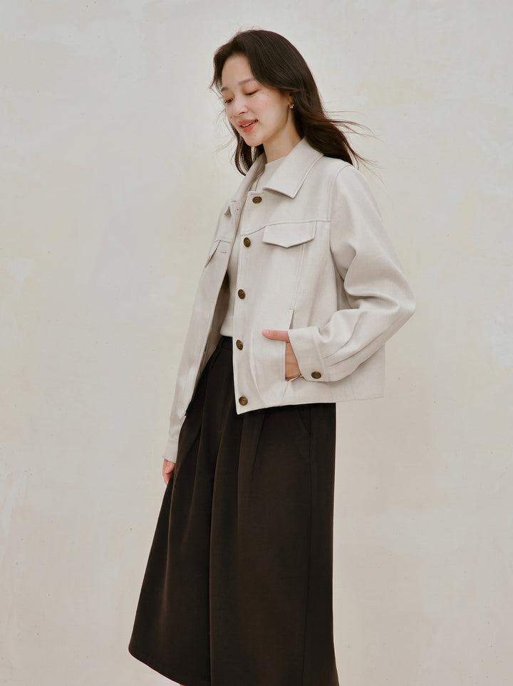 Textured Pleated Hem Button Up Jacket