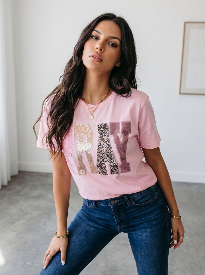 Sequin Leopard Print Pray T-Shirt