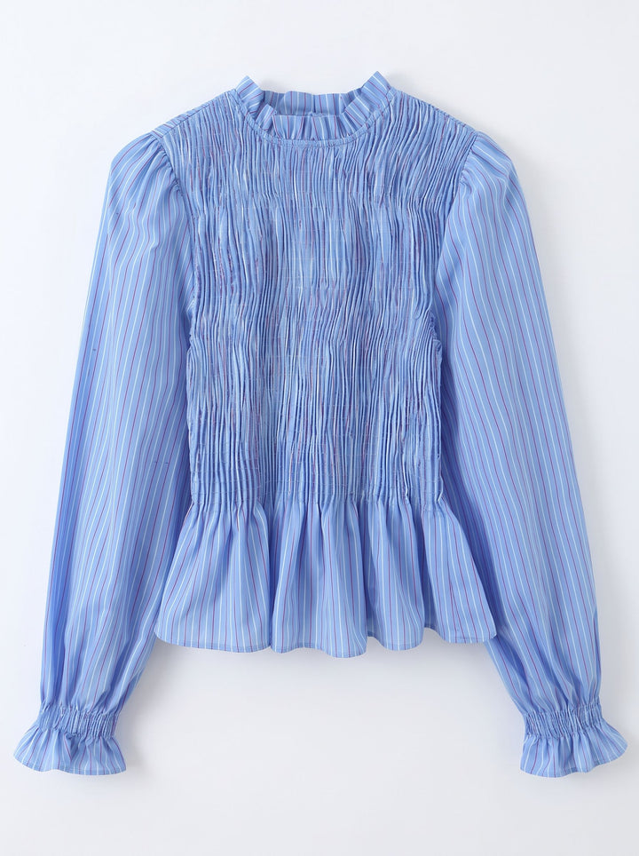 Smocked Striped Ruffled Button Up Shirt