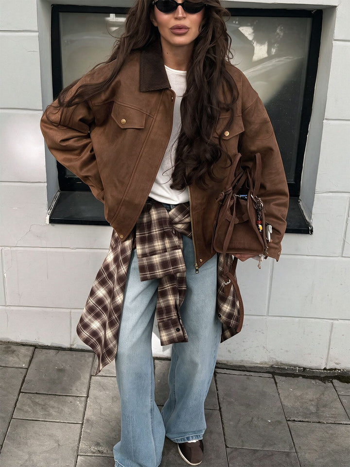 Brown Suede Ribbed Collar Jacket