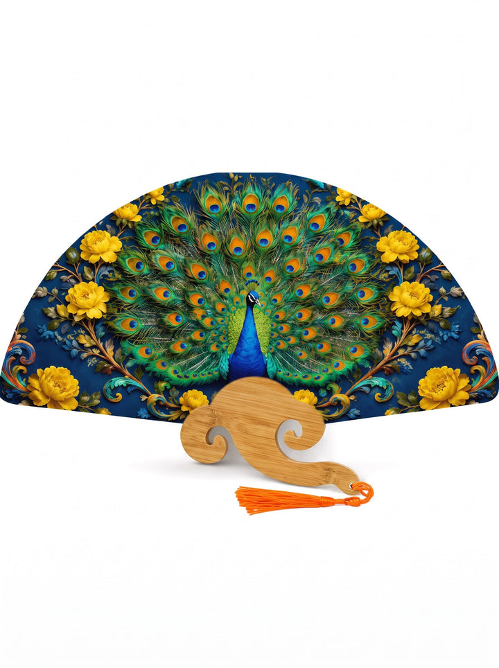 Peacock and Yellow Peonies Folding Fan