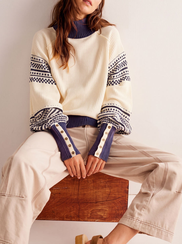 Oversized Button Cuff Thermal Pullover Sweater