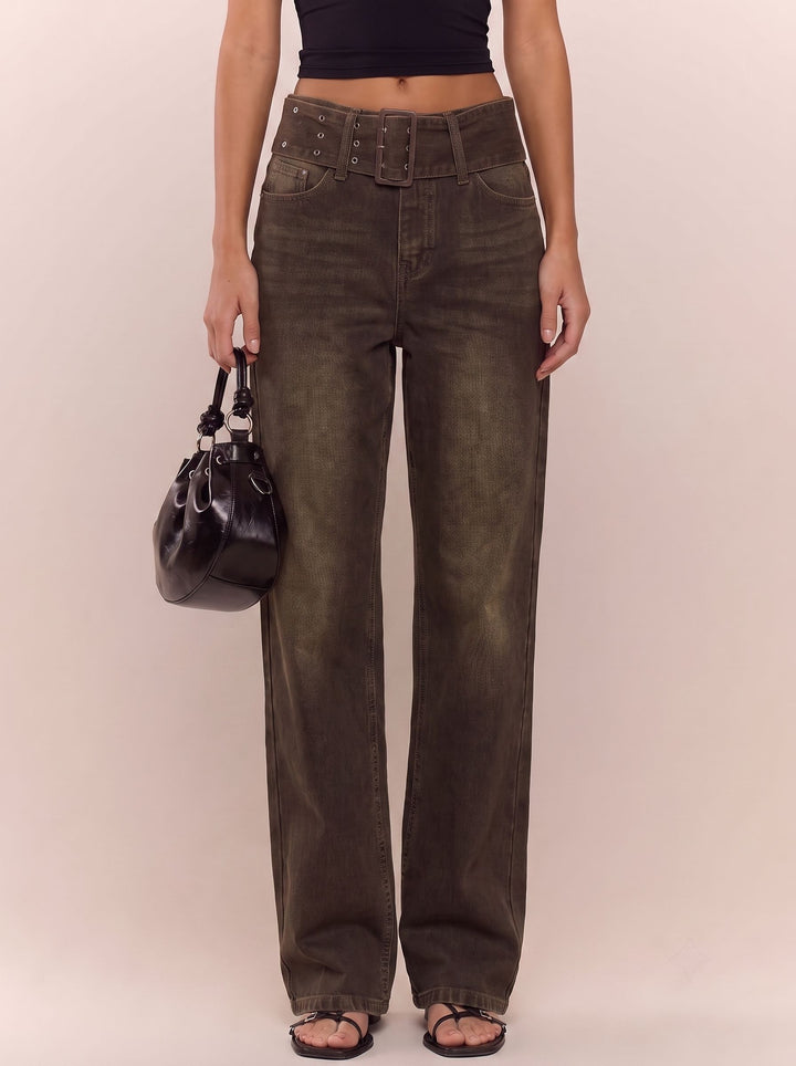 High Waisted Buckle Detail Jeans