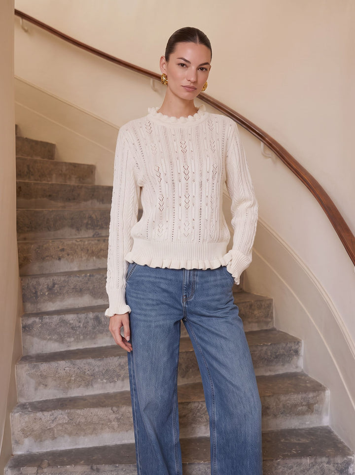 Ruffled Mock Neck Cable Knit Sweater