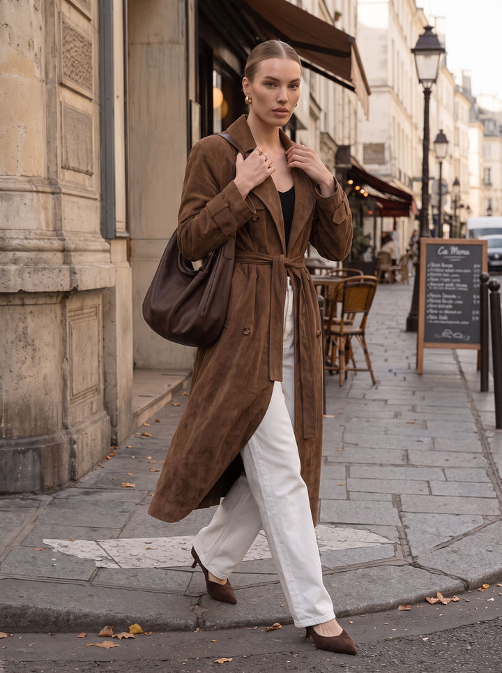 Brown Suede Belted Trench Coat