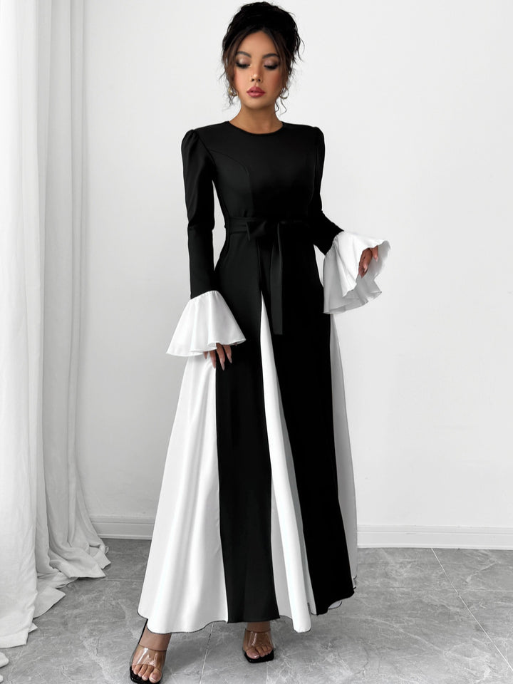 Elegant Colorblock Bell Sleeve Maxi Dress