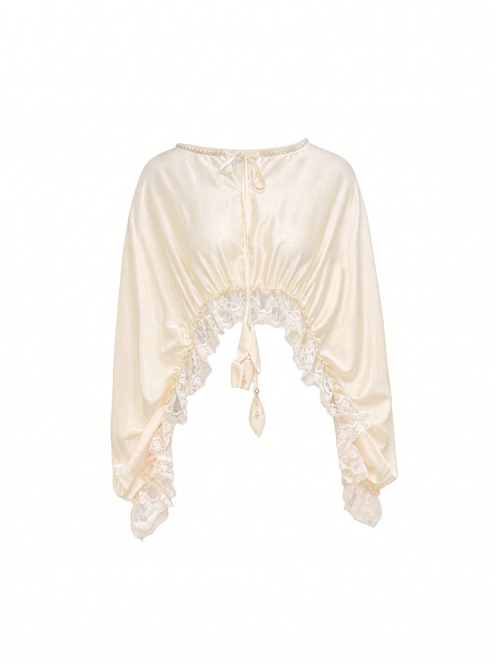 Lace Trim Cropped Satin Blouse