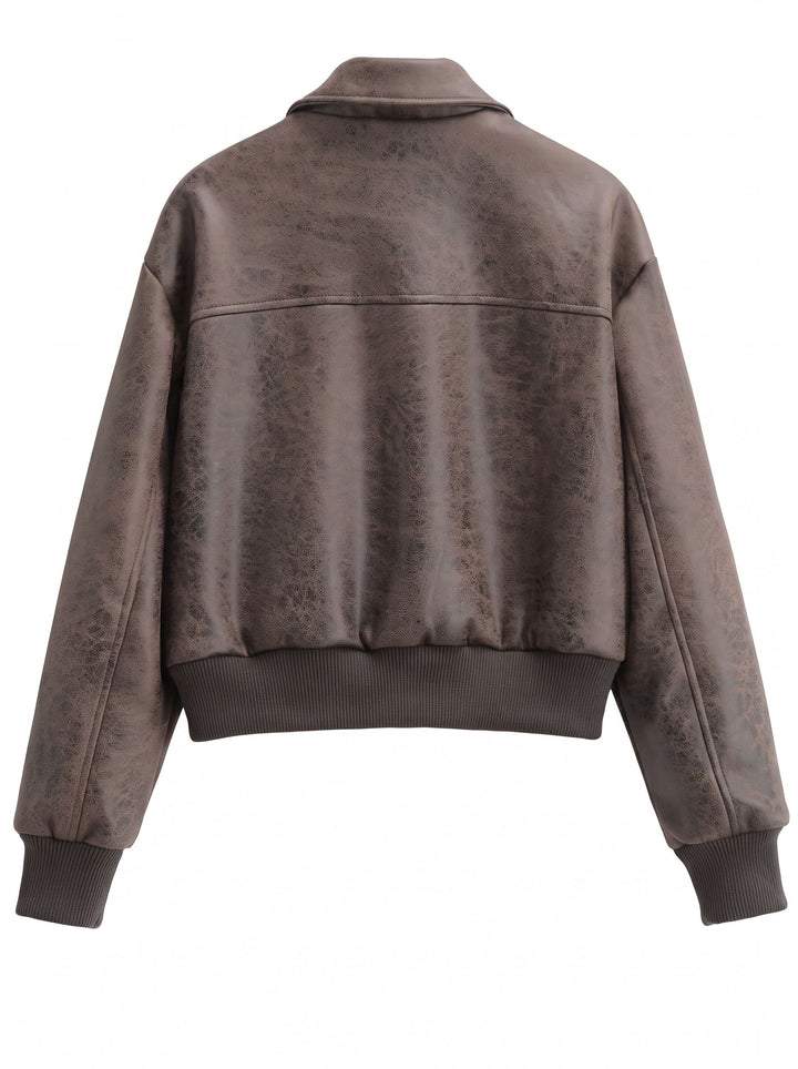 Distressed Faux Leather Bomber Jacket