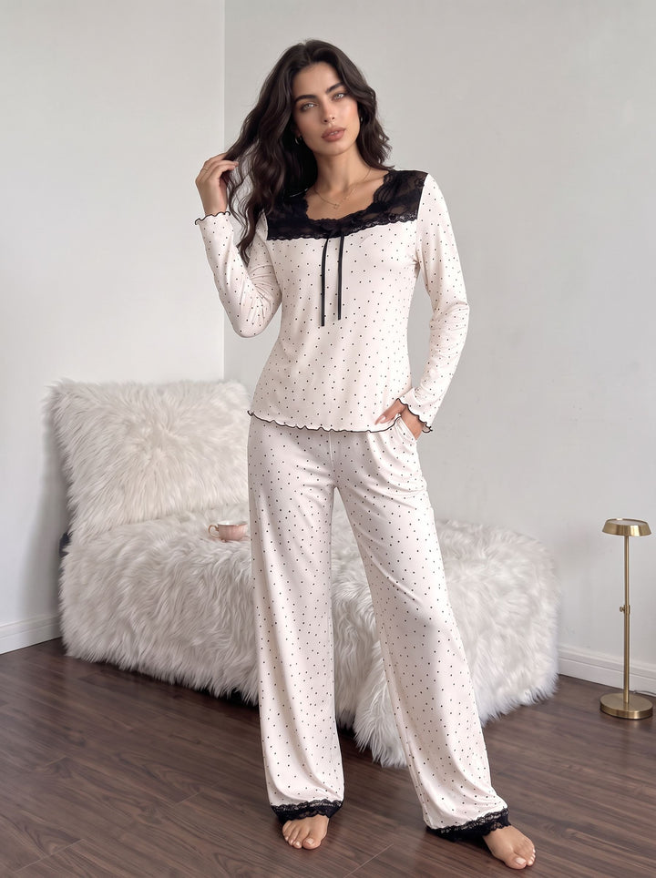 Lace Trim Polka Dot Pajama Set