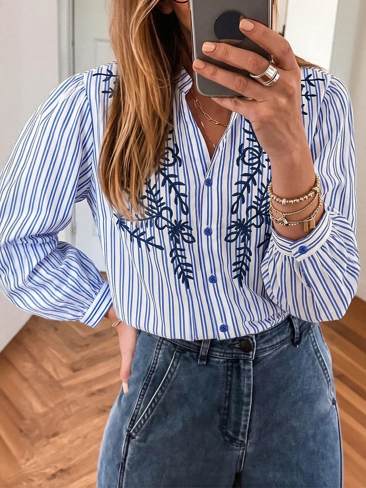 Embroidered Striped Button Down Shirt
