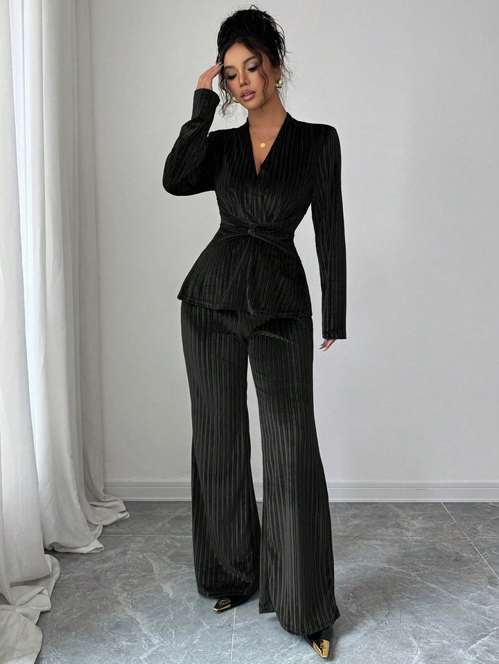 Elegant Pleated Velvet Trouser Set