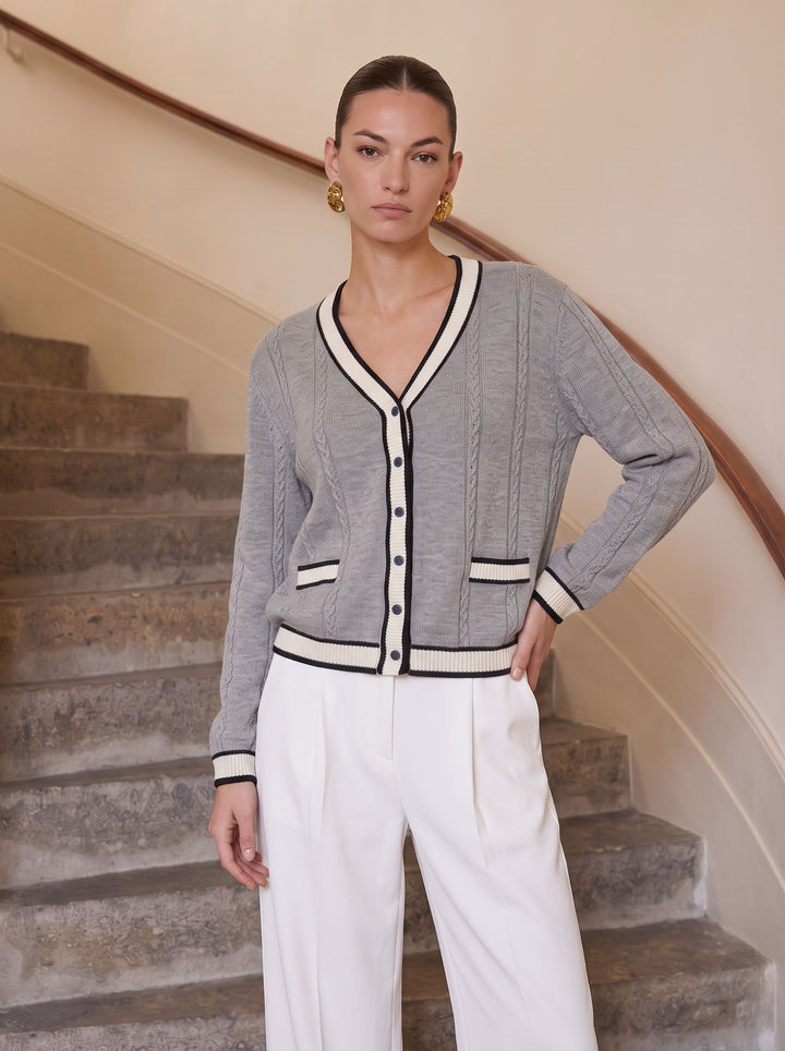 Contrast Trim Cable Knit Cardigan