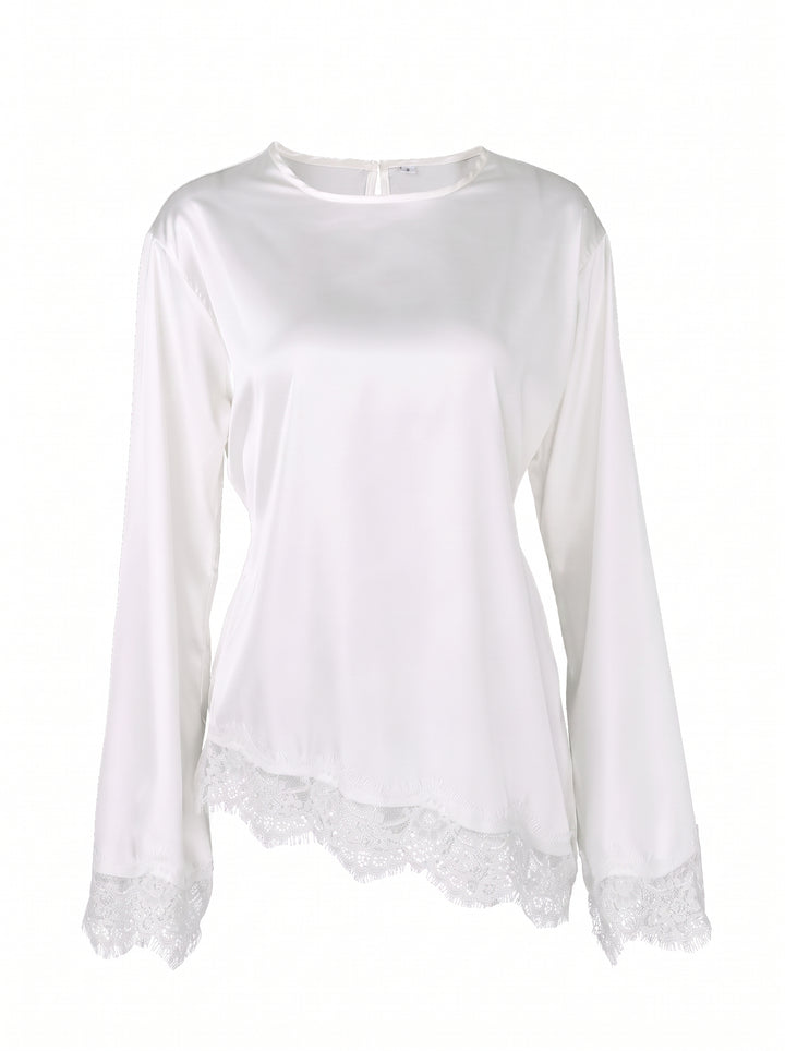Elegant Lace Trim Satin Blouse