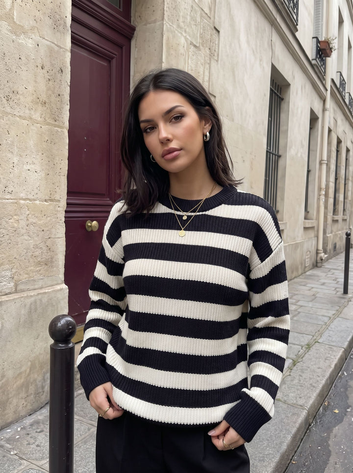 Oversized Striped Crewneck Knit Pullover Sweater
