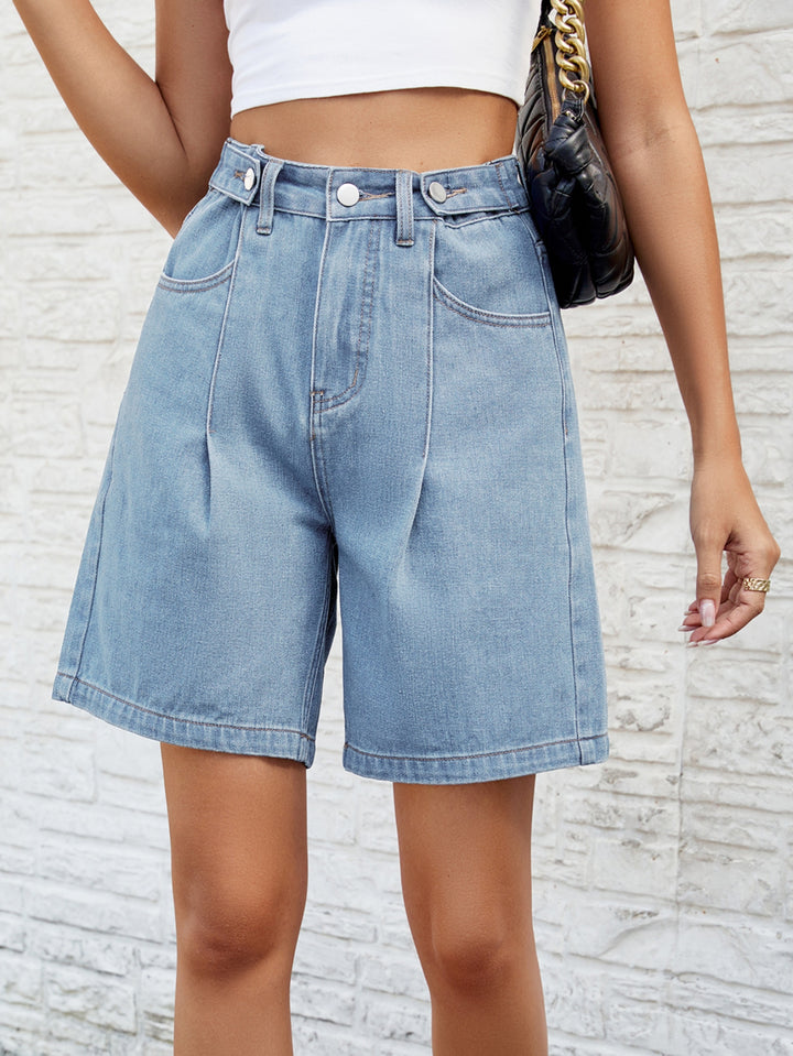 High Waisted Pleated Denim Shorts