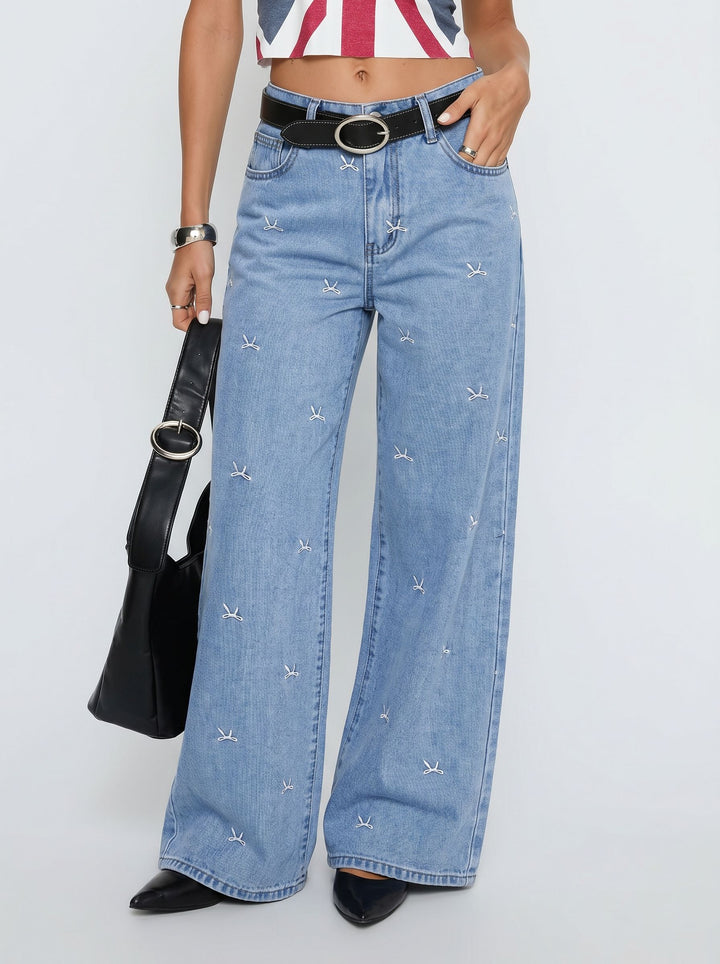 Embroidered Bow Wide Leg Jeans
