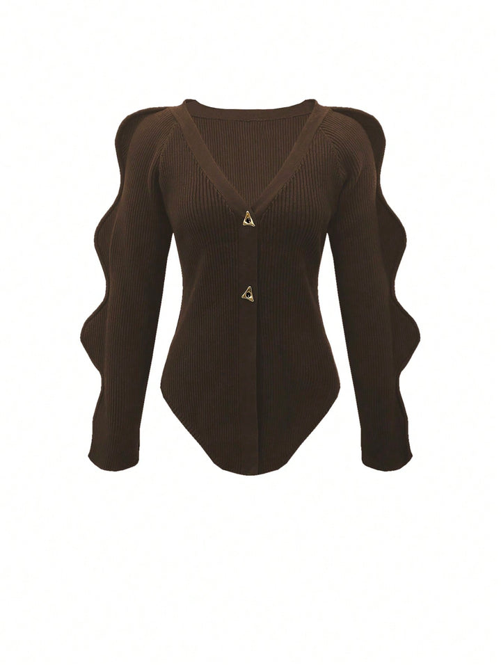 Sculptural Sleeve V Neck Cardigan