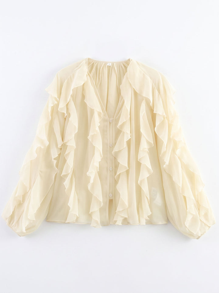 Sheer Ruffle Trim Button Down Blouse