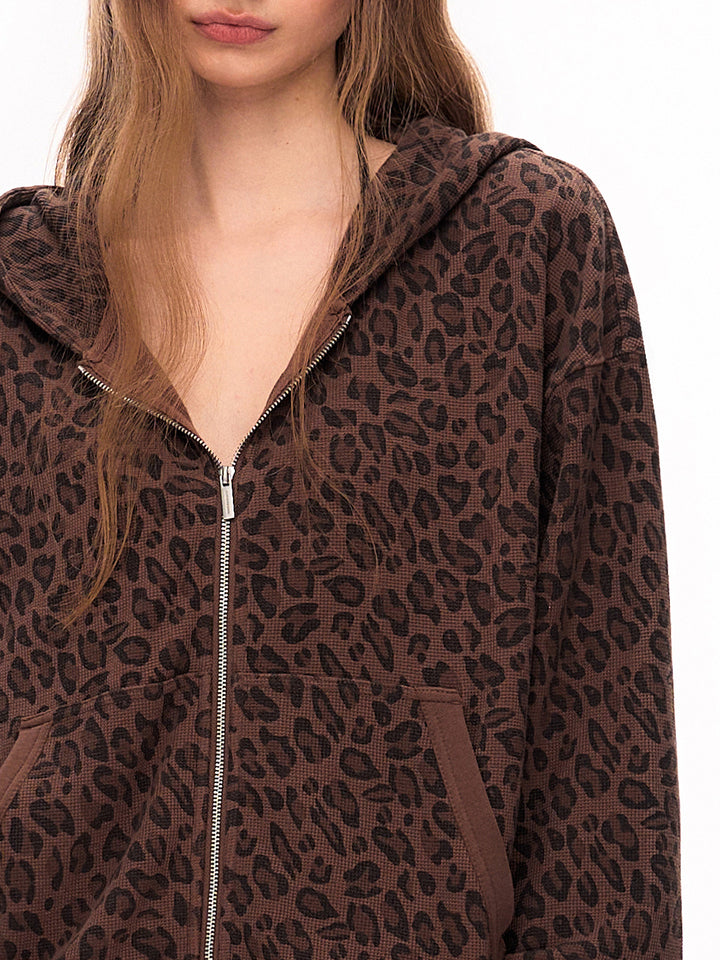 Leopard Print Cropped Zip Up Hoodie