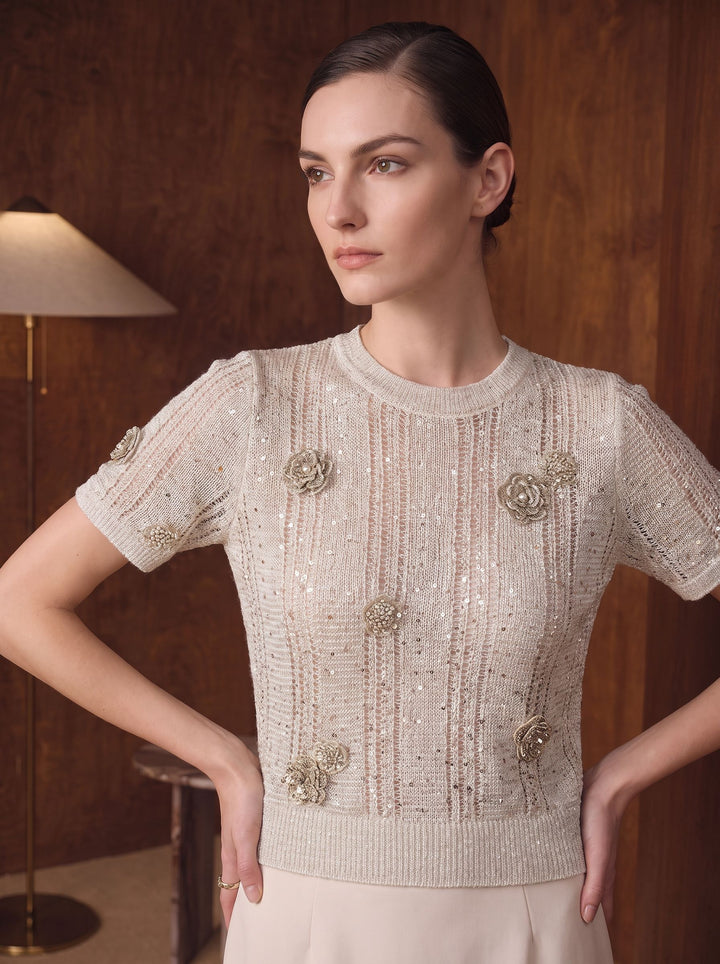 Embellished Metallic Knit Short Sleeve Sweater