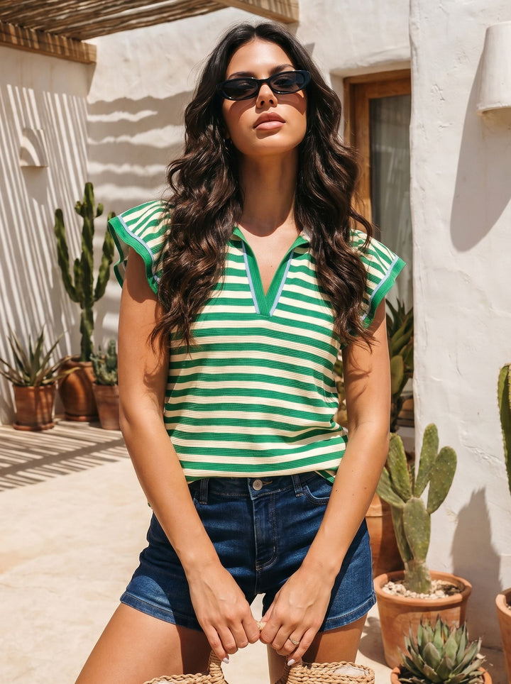 Striped Ruffle Sleeve Polo T-Shirt