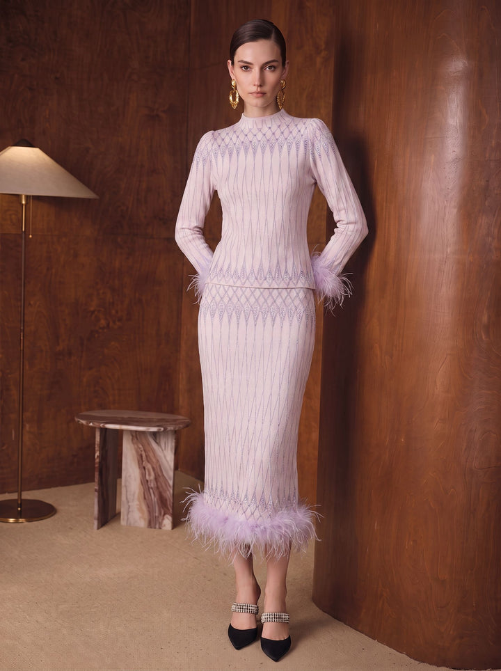 Sparkly Feather Trim Mock Neck Sweater