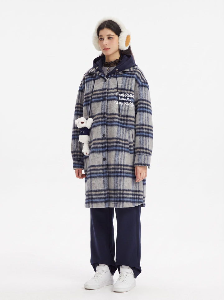 Hooded Plaid Brushed Wool Coat