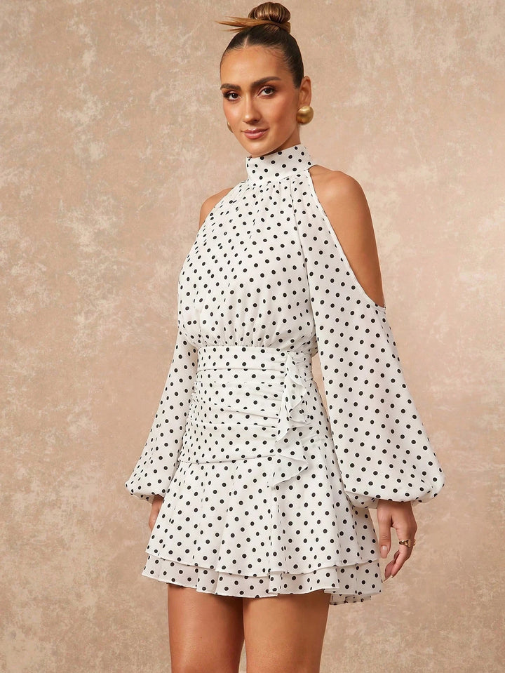 Polka Dot Cold Shoulder Mini Dress