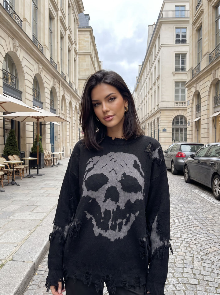 Distressed Grunge Skull Graphic Sweater