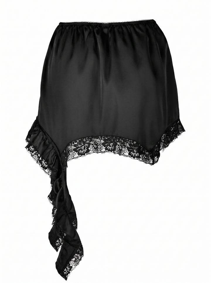 Satin Lace Trim Asymmetric Mini Skirt