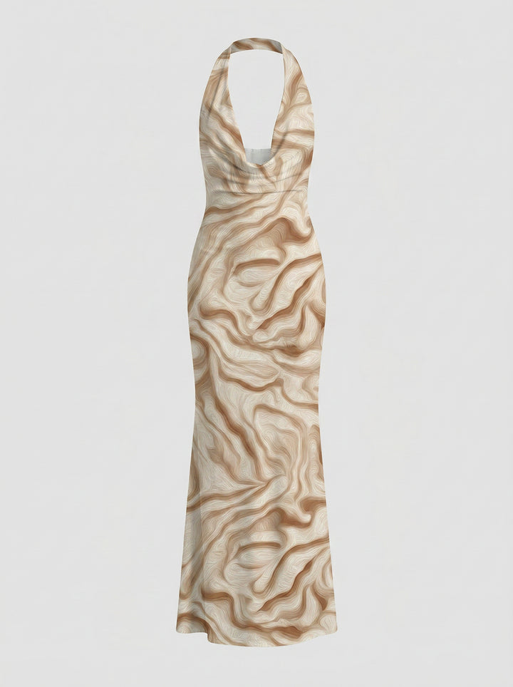 LILA Beige Marble Swirl Print Cowl Neck Bodycon Maxi Dress