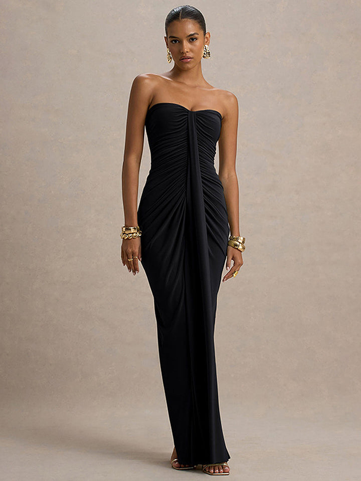Strapless Ruched Detail Elegant Maxi Dress