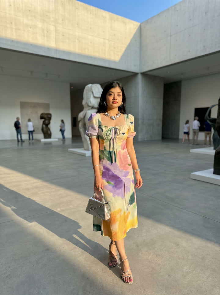 CORA Abstract Watercolor Print Puff Sleeve Tie MidiDress