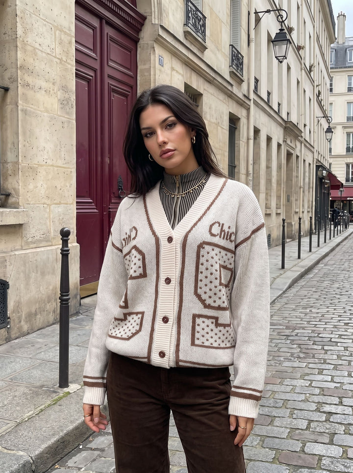 Oversized Graphic Varsity Knit Cardigan