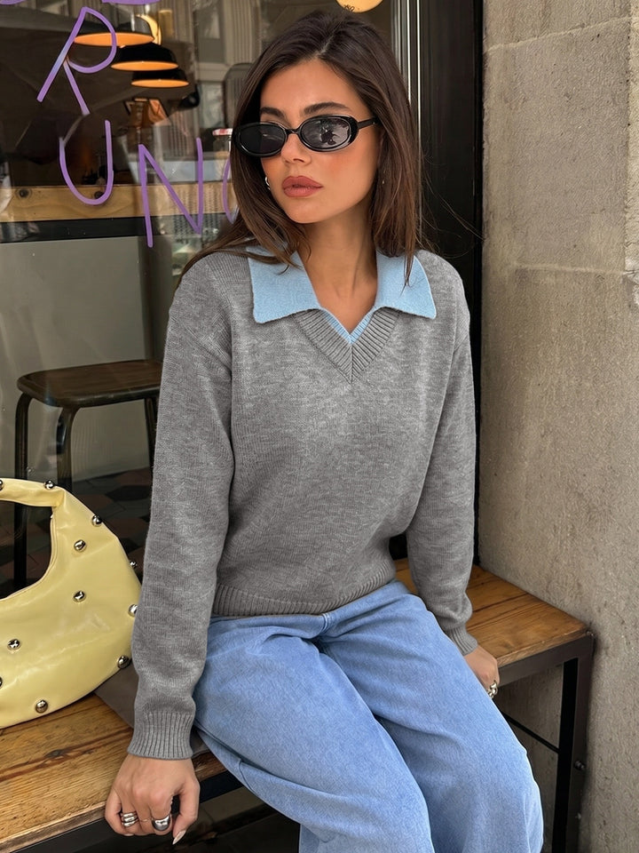 Contrast Collar V Neck Sweater