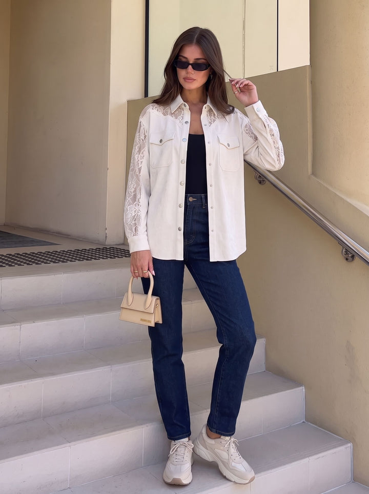 Elegant Lace Trim Button Down Shirt