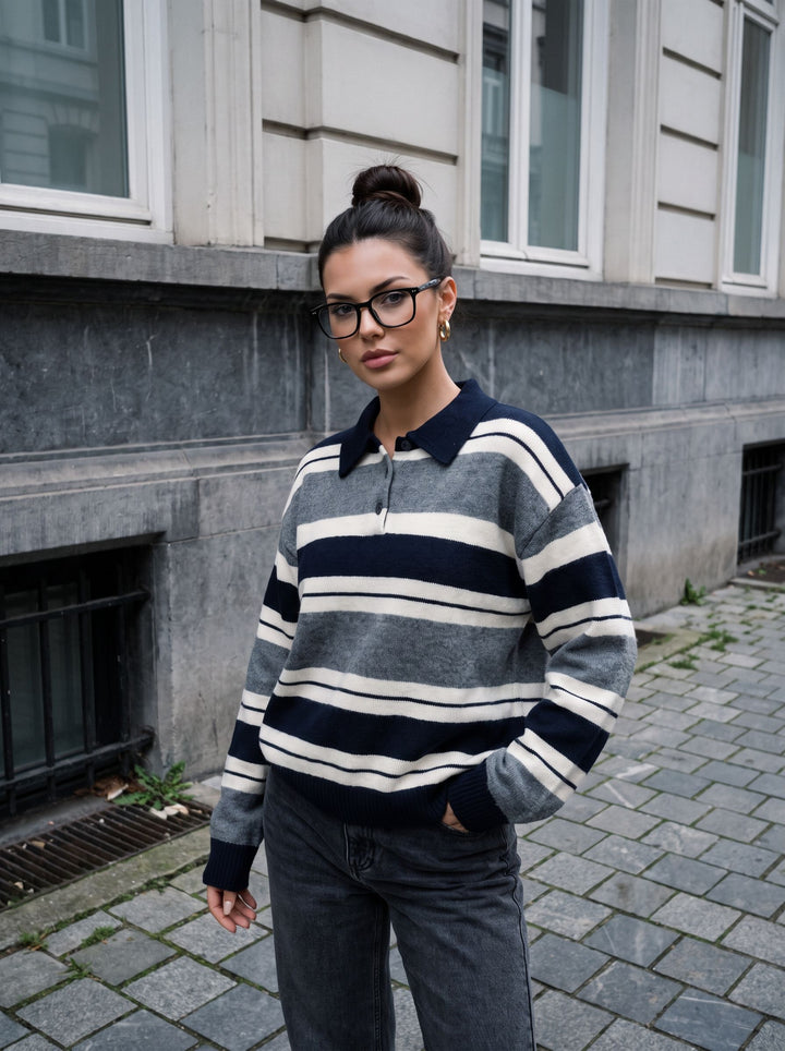 Oversized Striped Polo Collar Sweater