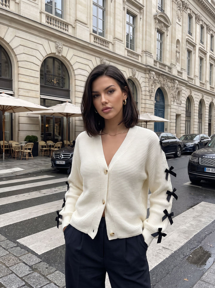 Bow Detail Ribbed Knit Cardigan