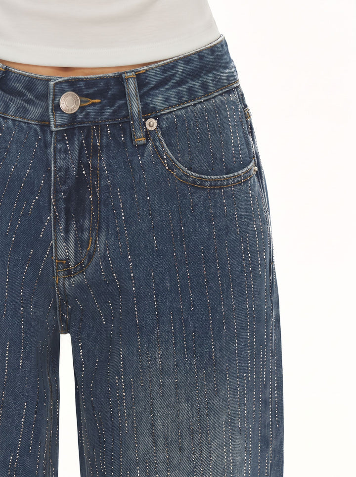 Sparkly Rhinestone High Waisted Wide Leg Jeans