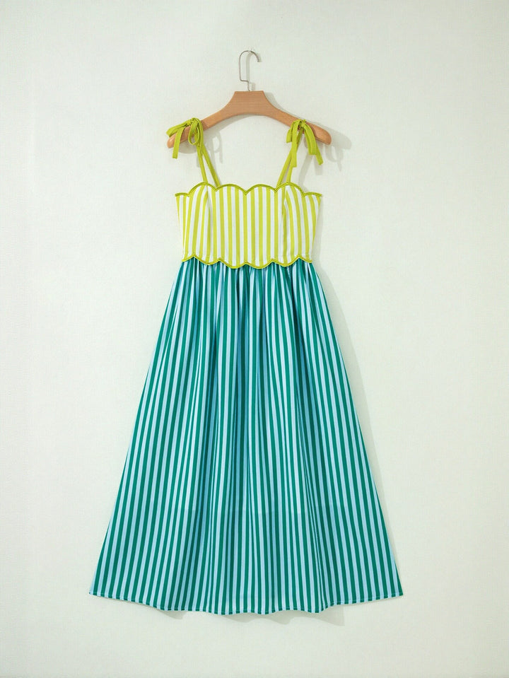 Scalloped Striped Cotton Maxi Dress