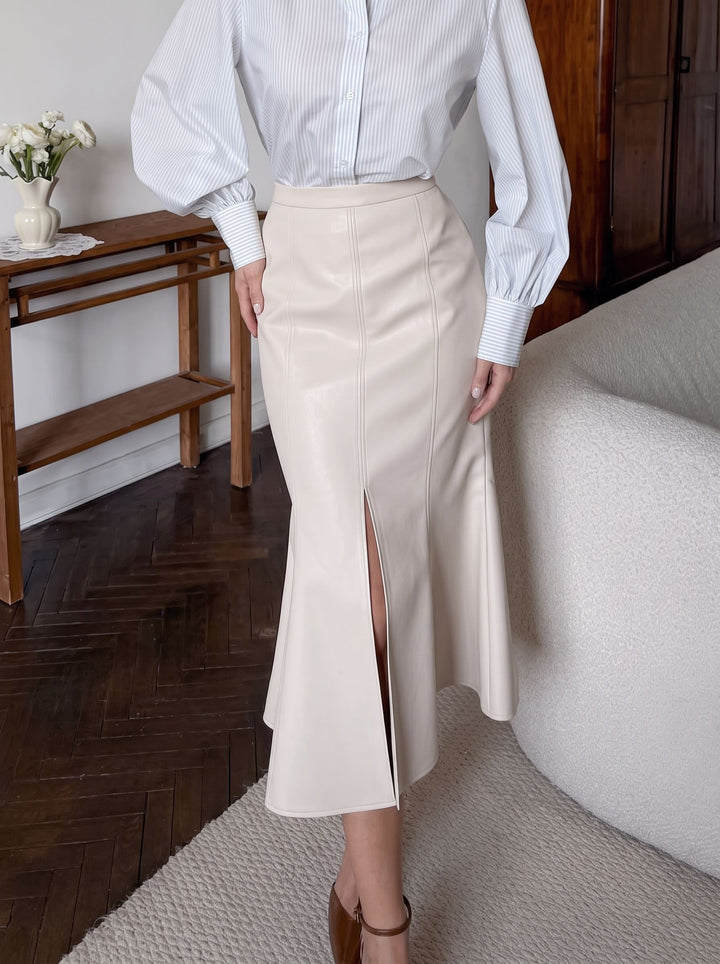 High Waisted Faux Leather Midi Skirt