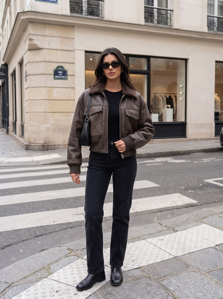 Distressed Faux Leather Bomber Jacket