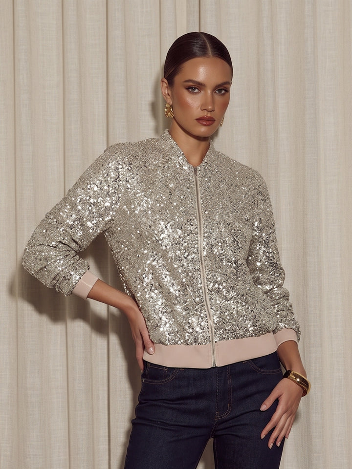 Sparkly Sequin Zip Up Bomber Jacket