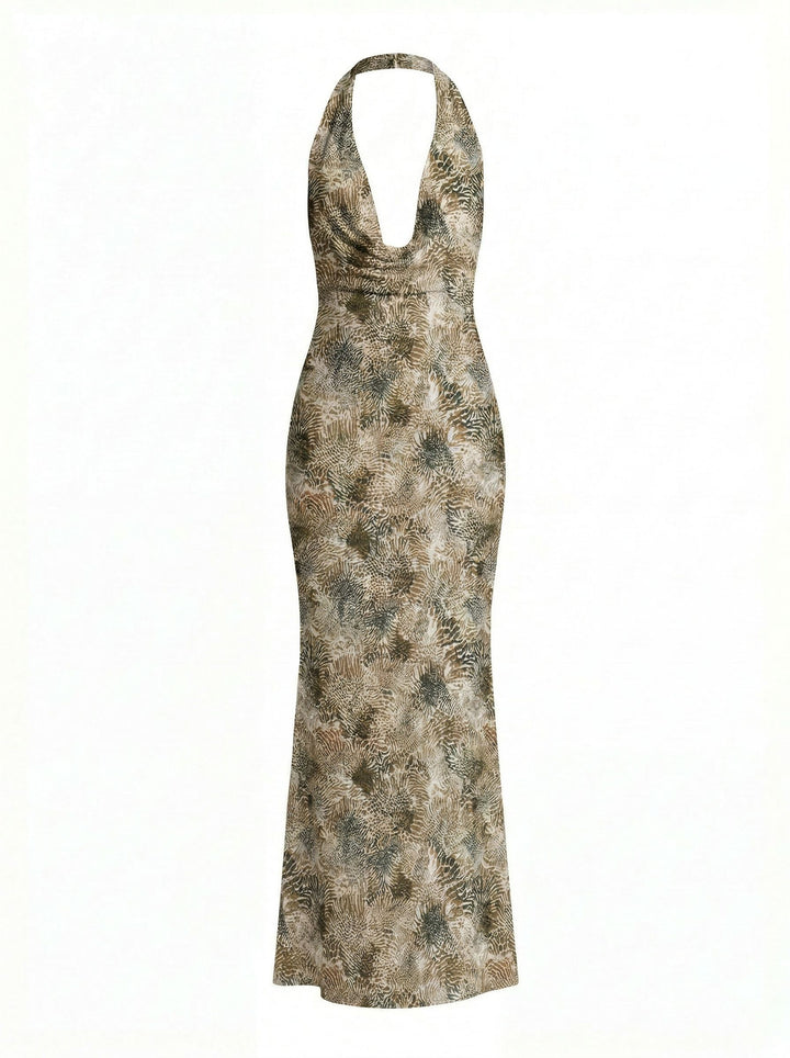 LILA Abstract Zebra Print Cowl Neck Bodycon Maxi Dress