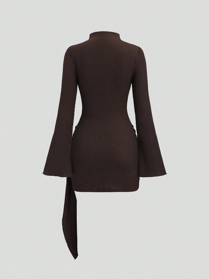 Textured Ruched Buckle Detail Mini Dress