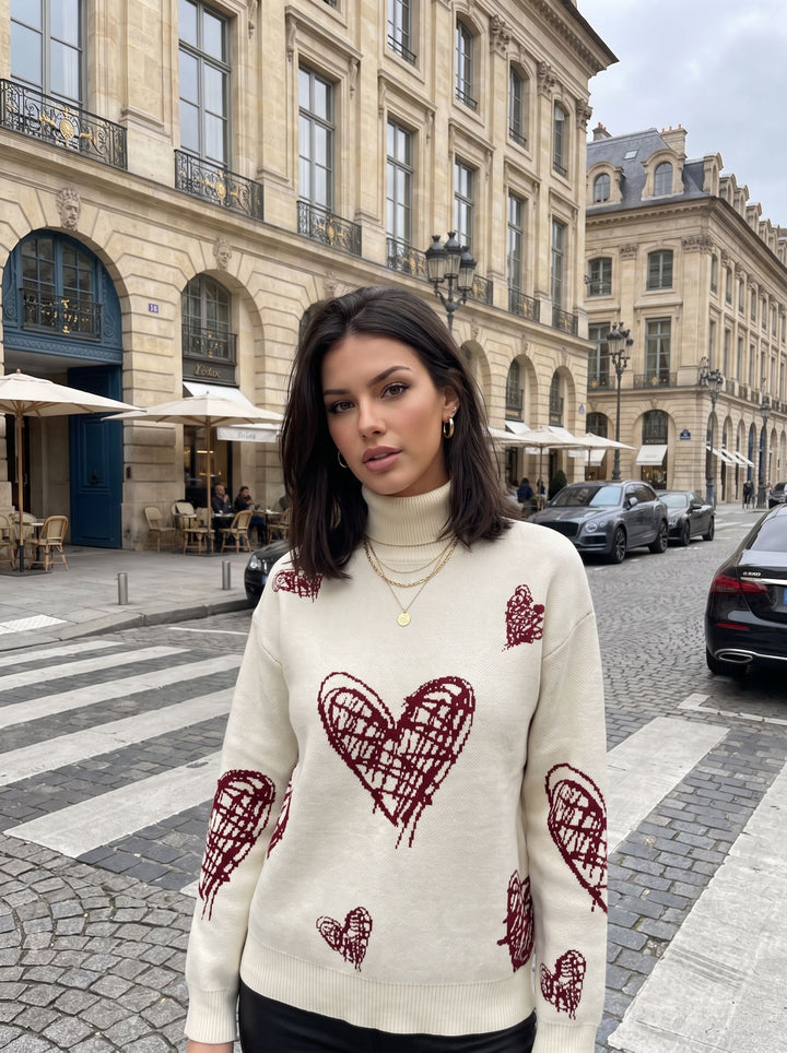 Cozy Heart Print Turtleneck Sweater