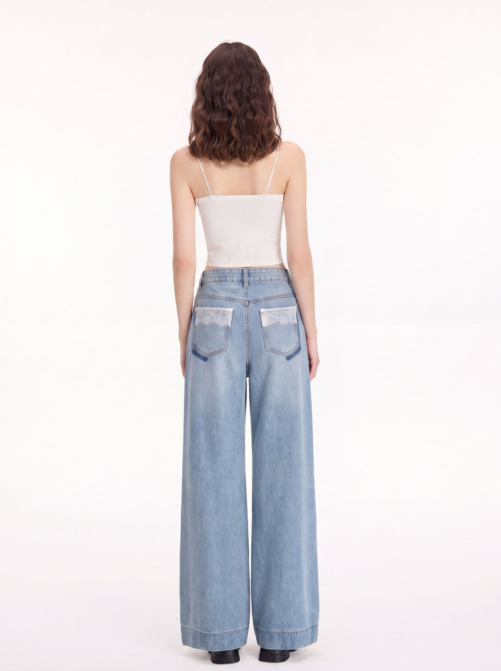 Lace Trim High Waisted Wide Leg Jeans