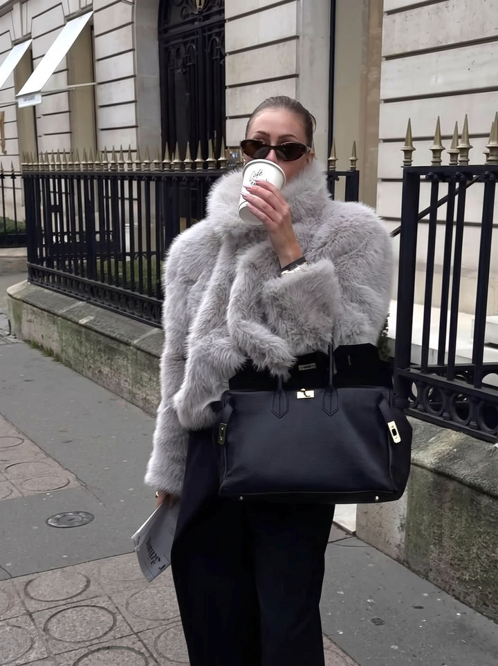 Luxury Plush Grey Faux Fur Coat