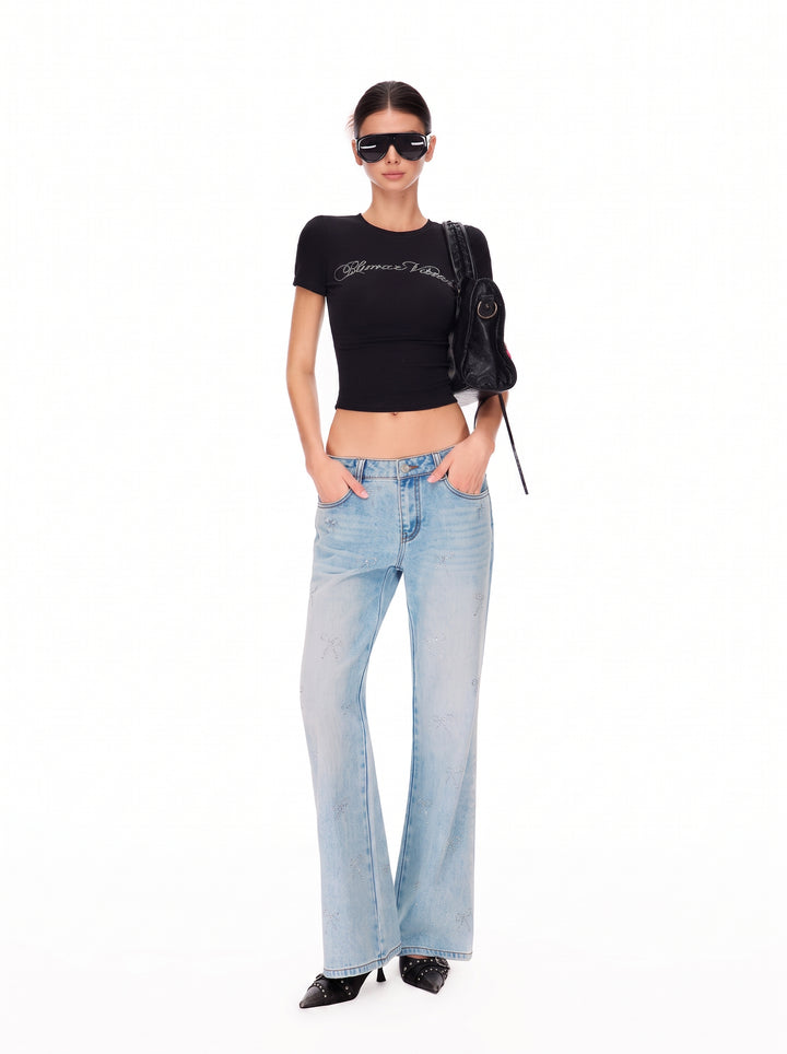 Rhinestone Bow Embellished Flare Jeans
